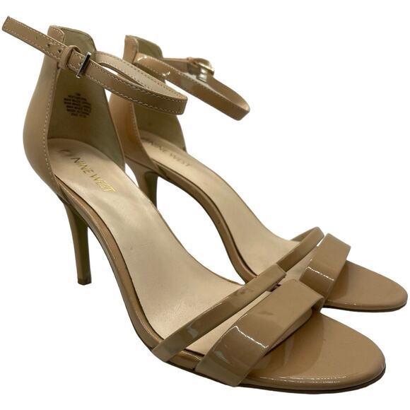 Nine West 10 Strappy Heels Nude Faux Patent Ankle Strap Stiletto Open Toe - Picture 1 of 10